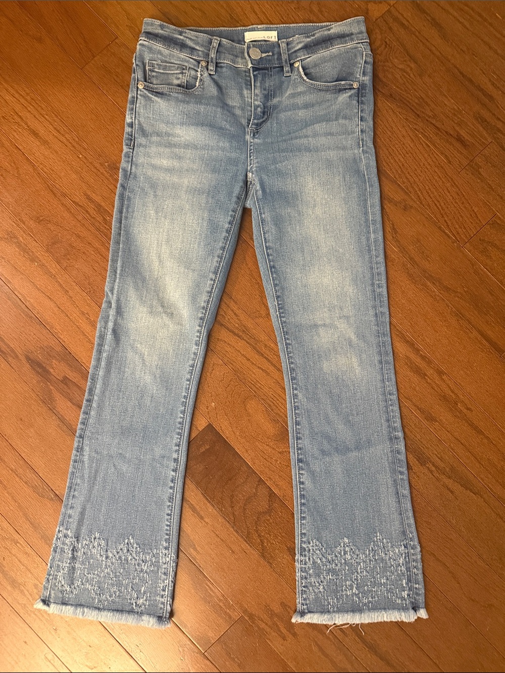 Loft Light Wash Embroidered Fray Hem Women’s flare crop Jeans